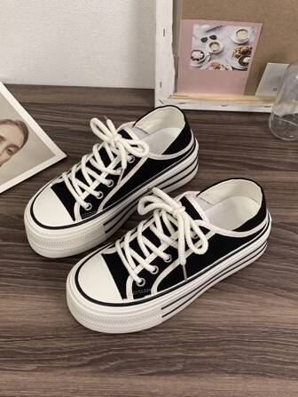 女式前繫帶穆勒鞋，運動型戶外帆布休閒鞋