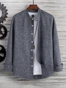 Calvornis Loose Fit Men's Solid Color Plain Urban Button-Up Long Sleeve Shirt, For Husband, Fall, Old Money Style - Dark Grey - View 5