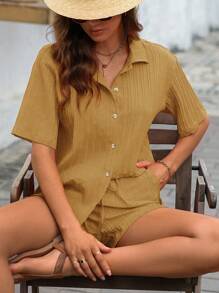 SHEIN Essnce Solid Button Front Shirt & Shorts - Brown - View 5