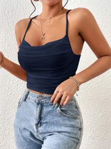 SHEIN Essnce Solid Ruched Cami Top - Navy Blue - View 5