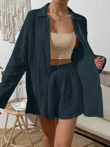 SHEIN VCAY 素色落肩袖襯衫和短褲 - 寶藍色 - 查看 3