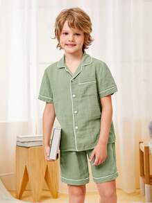 SHEIN Boys' Short Sleeve Shirt & Shorts Pyjama Set With Contrast Collar And Rolled Hem - Mint Green - View 4