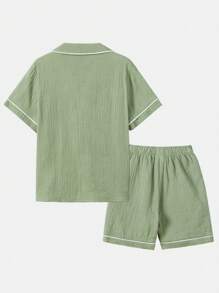 SHEIN Boys' Short Sleeve Shirt & Shorts Pyjama Set With Contrast Collar And Rolled Hem - Mint Green - View 7