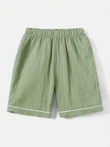 SHEIN Boys' Short Sleeve Shirt & Shorts Pyjama Set With Contrast Collar And Rolled Hem - Mint Green - View 13