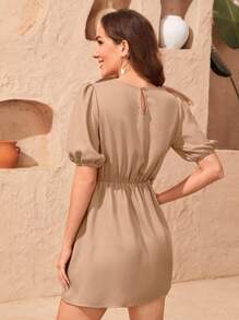 SHEIN Privé Đầm Nút Thắt nút Trọn gói màu trơn Giải trí - Màu Khaki - Xem 2