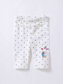 Young Girl Polka Dot & Cartoon Graphic Leggings - White - View 1