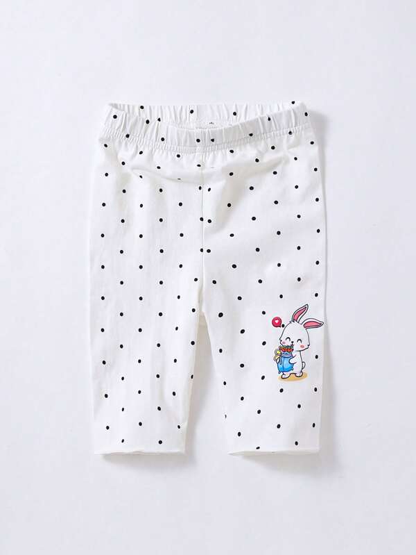 Young Girl Polka Dot & Cartoon Graphic Leggings