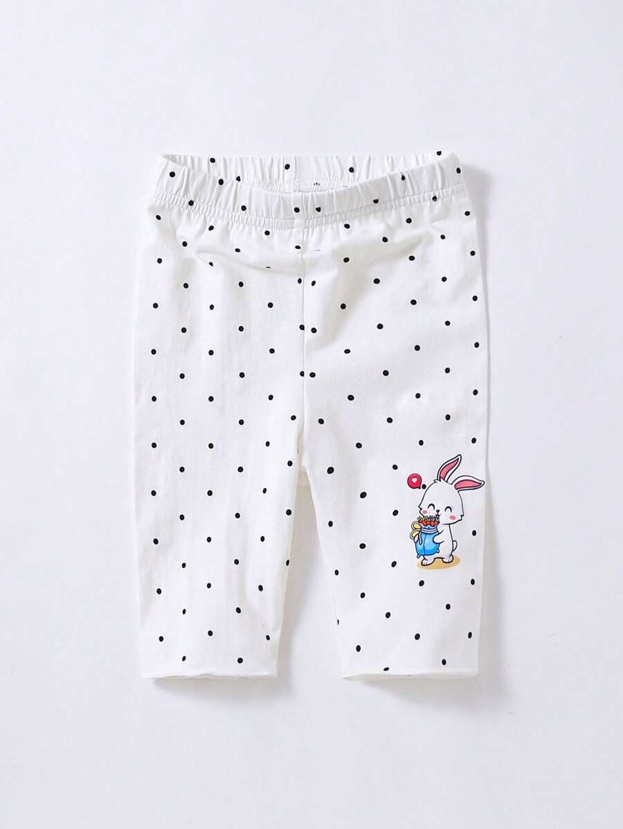 Young Girl Polka Dot & Cartoon Graphic Leggings - White - View 1