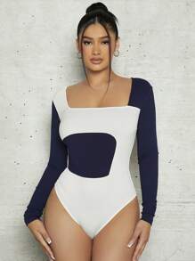 SHEINNeu Two Tone Square Neck Bodysuit - Blue and White - View 1