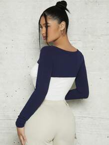 SHEINNeu Two Tone Square Neck Bodysuit - Blue and White - View 2