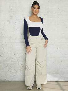 SHEINNeu Two Tone Square Neck Bodysuit - Blue and White - View 5