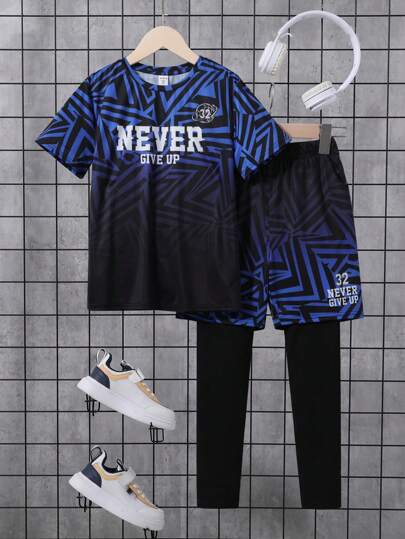 SHEIN Anak Laki-laki Sporty Gradien Geometris & Huruf Cetak Kaos Lengan Pendek dan Celana Pendek dengan Lapisan Dasar Celana Palsu Dua Potong Pakaian