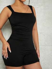 VARSITIE 素色彈力緊身連體短褲 - 黑色 - 查看 3