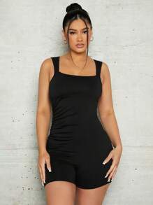 VARSITIE 素色彈力緊身連體短褲 - 黑色 - 查看 4