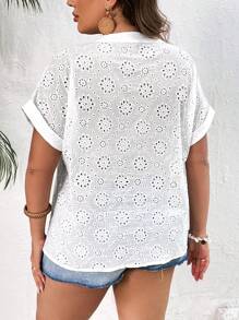 SHEIN VCAY Áo sơ mi Plus Size Tranh thêu màu trơn Boho - trắng - Xem 2