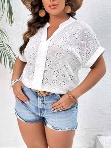 SHEIN VCAY Áo sơ mi Plus Size Tranh thêu màu trơn Boho - trắng - Xem 6