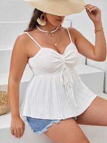 SHEIN VCAY 大碼前抽繩荷葉擺吊帶上衣 - 白色 - 查看 3