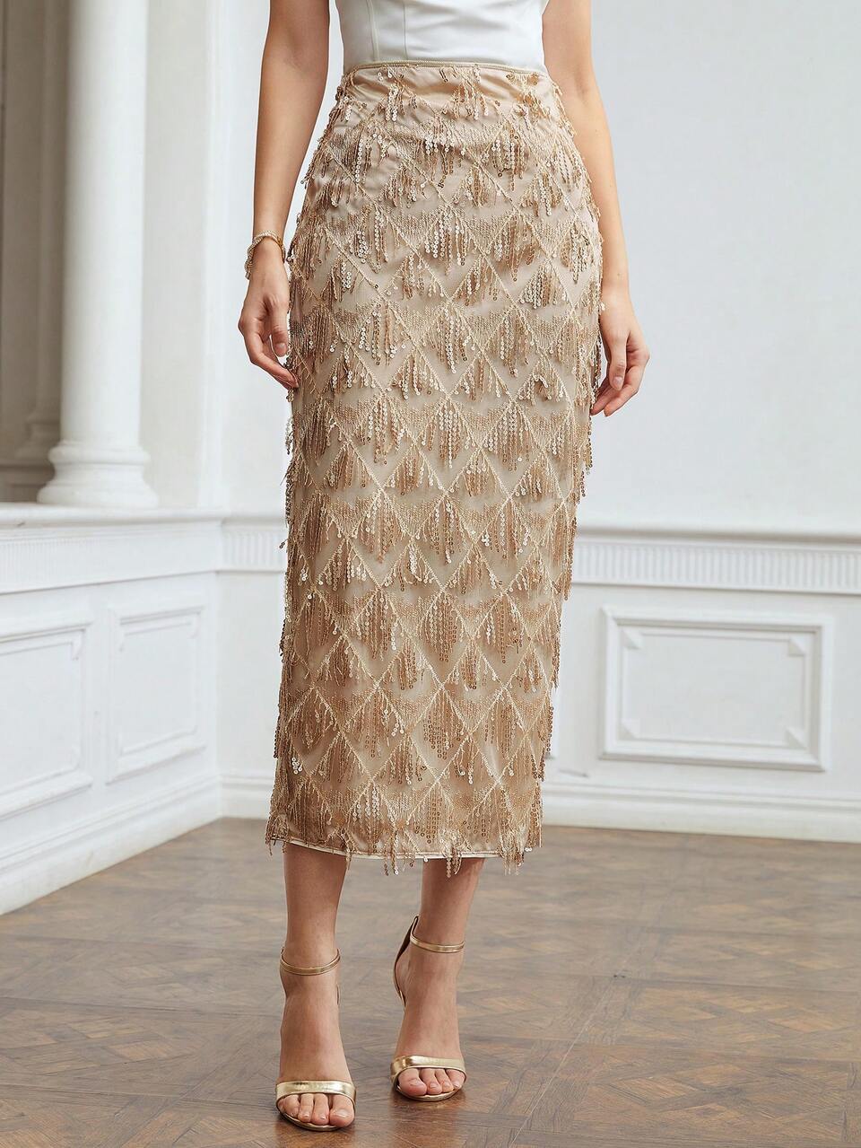MOTF SEQUIN FRINGE MIDI SKIRT