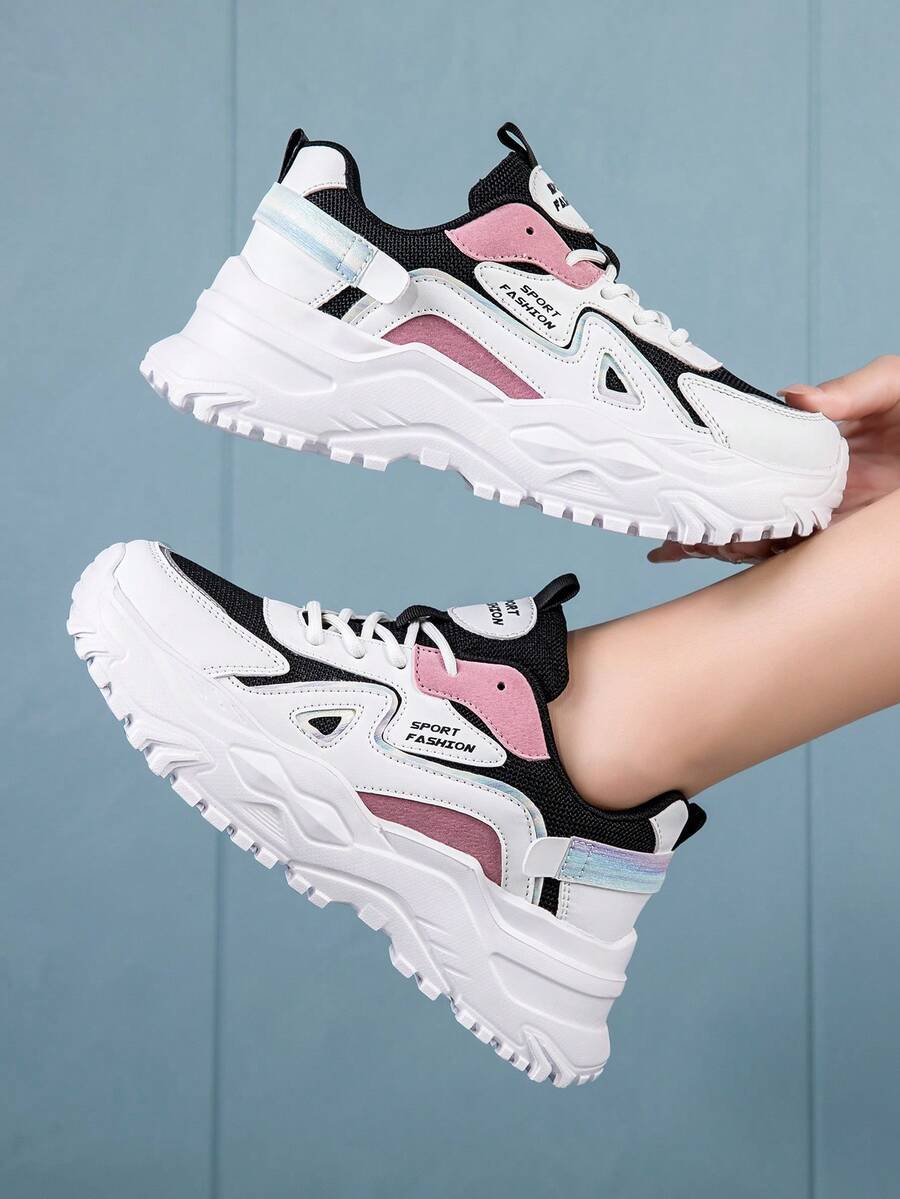 女孩撞色字母圖案前綁帶老爹鞋適用於戶外 - 彩色 - 查看 1