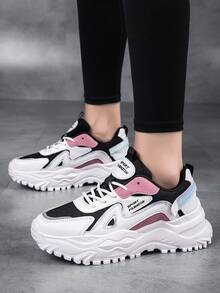 女孩撞色字母圖案前綁帶老爹鞋適用於戶外 - 彩色 - 查看 4