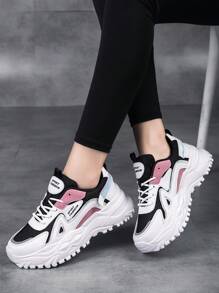 女孩撞色字母圖案前綁帶老爹鞋適用於戶外 - 彩色 - 查看 6