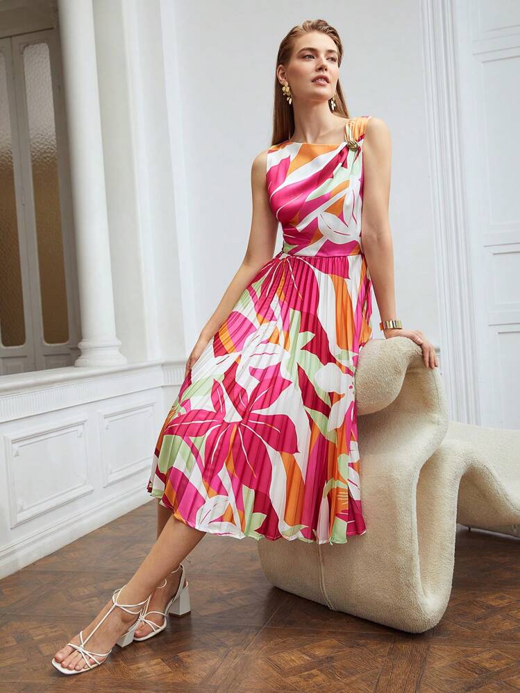 ワンピース HLT Pleated Floral Midi Dress white sage chz25452md_ivory_fuchsia_flora