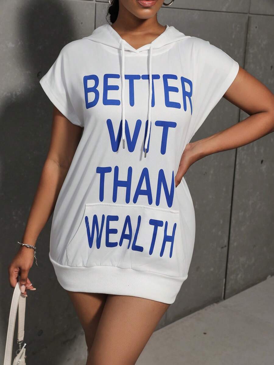 Zolique 標語圖案抽繩連帽連衣裙 - 白色 - 查看 1