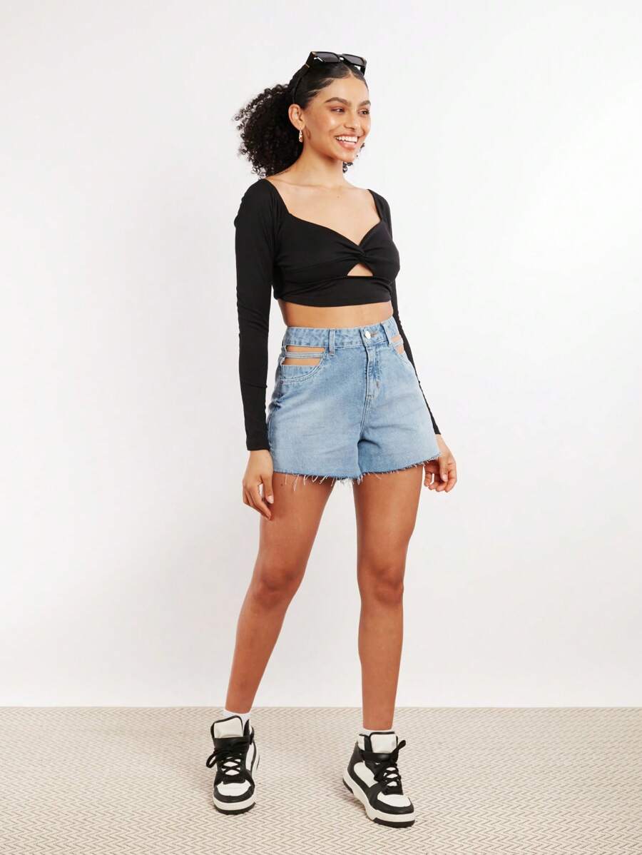 SHE(IN) BRASIL 1 Miếng Cắt ra Mặt trước xoắn Áo phông Crop - màu đen - Xem 1