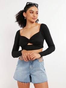 SHE(IN) BRASIL 1 Miếng Cắt ra Mặt trước xoắn Áo phông Crop - màu đen - Xem 4