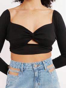 SHE(IN) BRASIL 1 Miếng Cắt ra Mặt trước xoắn Áo phông Crop - màu đen - Xem 2