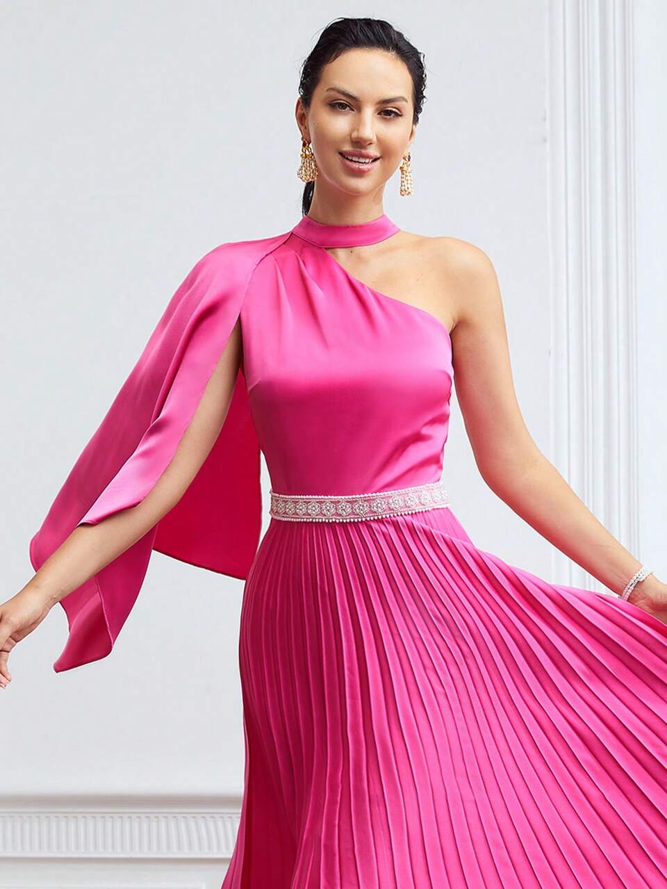 CAPE-SLEEVE PLEATED MIDI DRESS