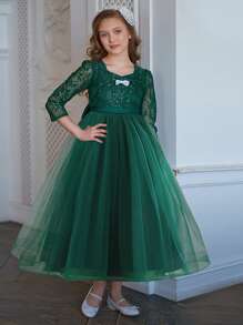 適合表演晚會模特的青少年女孩蝴蝶結花邊網眼主持禮服。頭飾不出售 - 墨綠色 - 查看 5