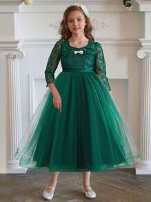 適合表演晚會模特的青少年女孩蝴蝶結花邊網眼主持禮服。頭飾不出售 - 墨綠色 - 查看 4