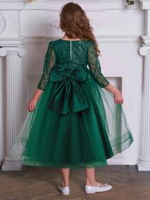 適合表演晚會模特的青少年女孩蝴蝶結花邊網眼主持禮服。頭飾不出售 - 墨綠色 - 查看 6