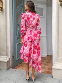 SHEIN Privé 印花燈籠袖不對稱下擺連衣裙不附腰帶 - 彩色 - 查看 2