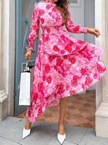 SHEIN Privé 印花燈籠袖不對稱下擺連衣裙不附腰帶 - 彩色 - 查看 4