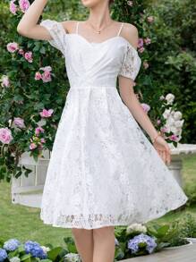 SHEIN Frenchy Vai lạnh Ren Đầm - trắng - Xem 1