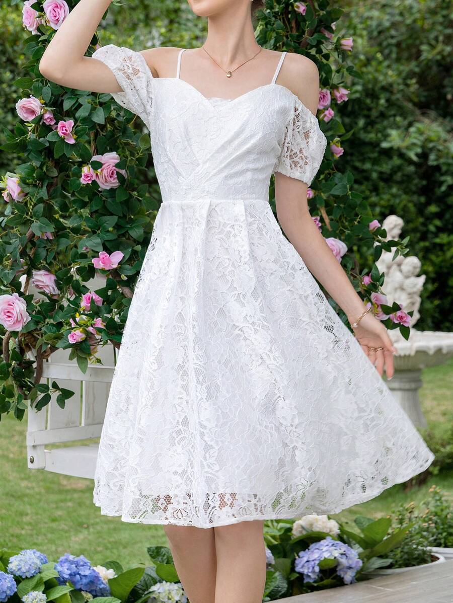 SHEIN Frenchy Vai lạnh Ren Đầm - trắng - Xem 1