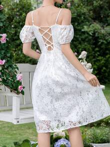 SHEIN Frenchy Vai lạnh Ren Đầm - trắng - Xem 2