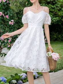 SHEIN Frenchy Vai lạnh Ren Đầm - trắng - Xem 4