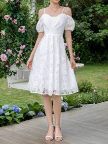 SHEIN Frenchy Vai lạnh Ren Đầm - trắng - Xem 6