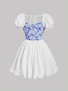 SHEIN MOD 印花泡泡袖荷葉邊連衣裙 - 藍白色 - 查看 2