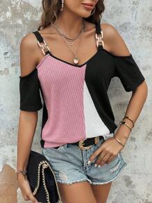 SHEIN LUNE Colourblock Cold Shoulder Tee - Multicolor - View 5