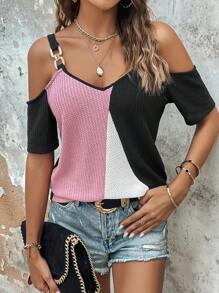 SHEIN LUNE Colourblock Cold Shoulder Tee - Multicolor - View 6