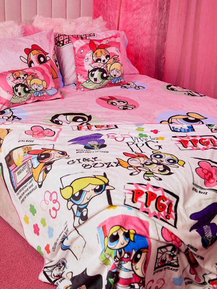THE POWERPUFF GIRLS X SHEIN con estampado de dibujos animados Manta , dulce franela Manta para regalo - Multicolor - Añade 1