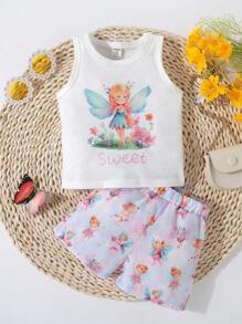 SHEIN Baby Fairy & Letter Graphic Tank Top & Shorts - Multicolor - View 1