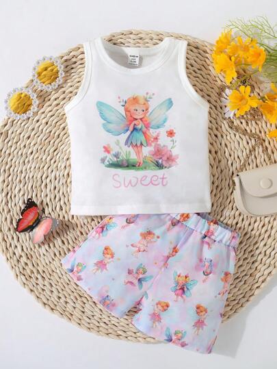 SHEIN Baby Fairy & Letter Graphic Tank Top & Shorts