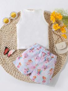 SHEIN Baby Fairy & Letter Graphic Tank Top & Shorts - Multicolor - View 2