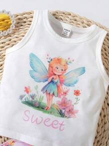 SHEIN Baby Fairy & Letter Graphic Tank Top & Shorts - Multicolor - View 4