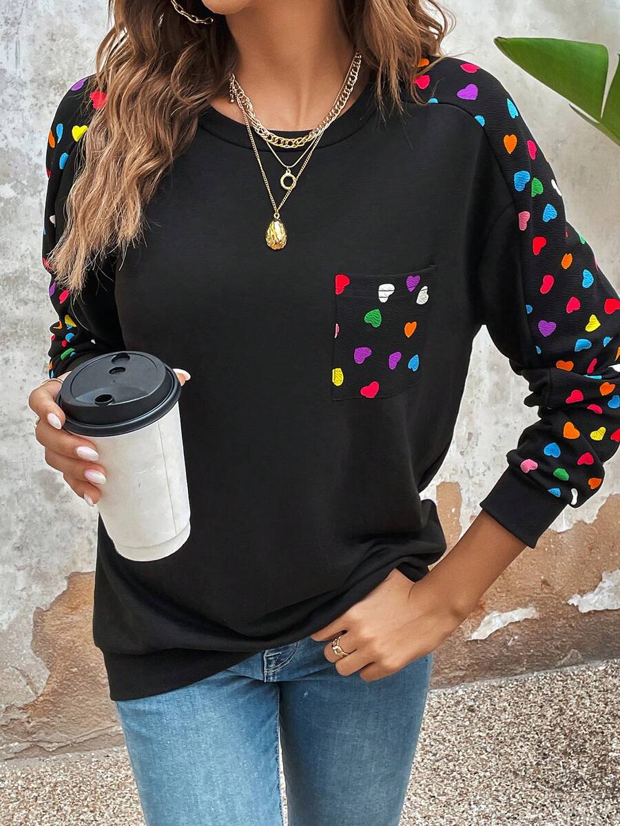 SHEIN LUNE Sudadera con estampado de corazón de manga raglán - Negro - Ver 1